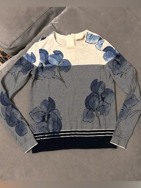 Tory Burch 100% Merino Wool XS Floral Sweater Beige Blue Floral Striped